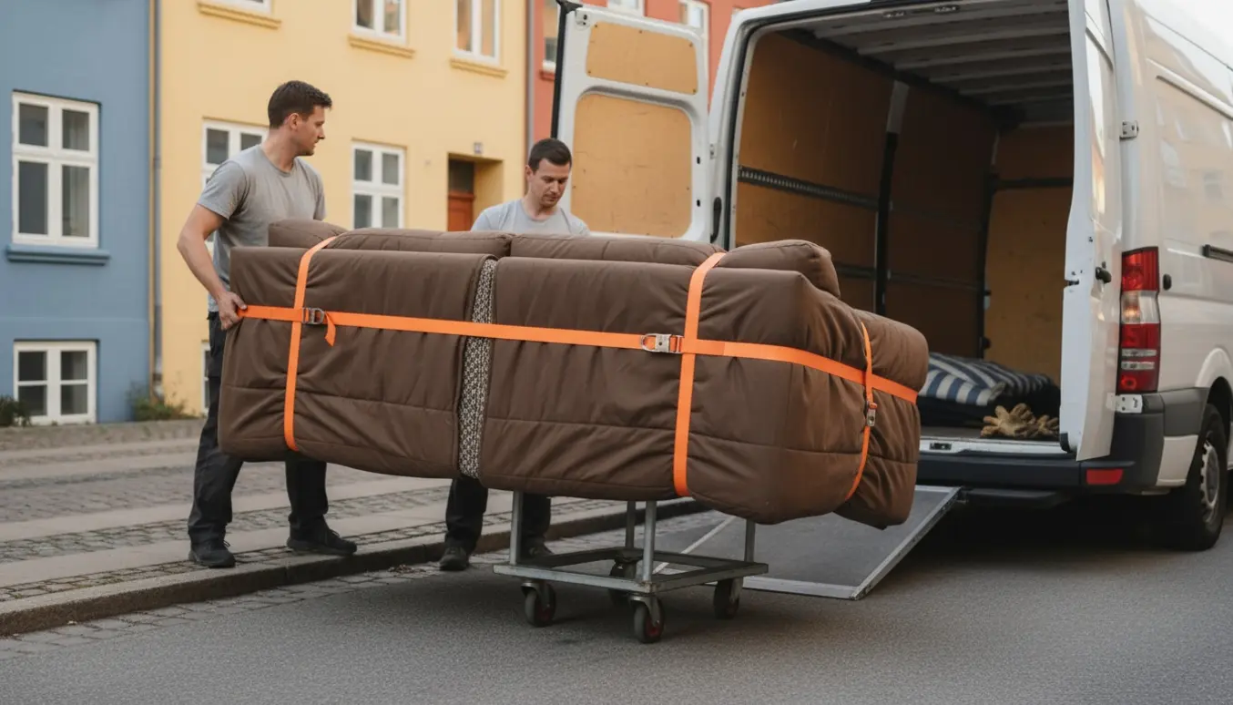 To flyttefolk løfter to afdelte, indpakkede sofaer ind i en varevogn på en rolig københavnsk gade.