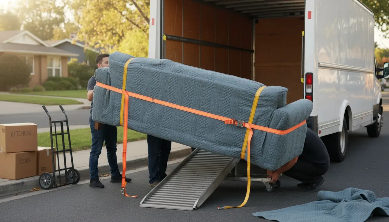 En 2,5 m lang grå sofa bliver båret ind i en flyttebil af hjælpere, ansigterne ikke synlige.