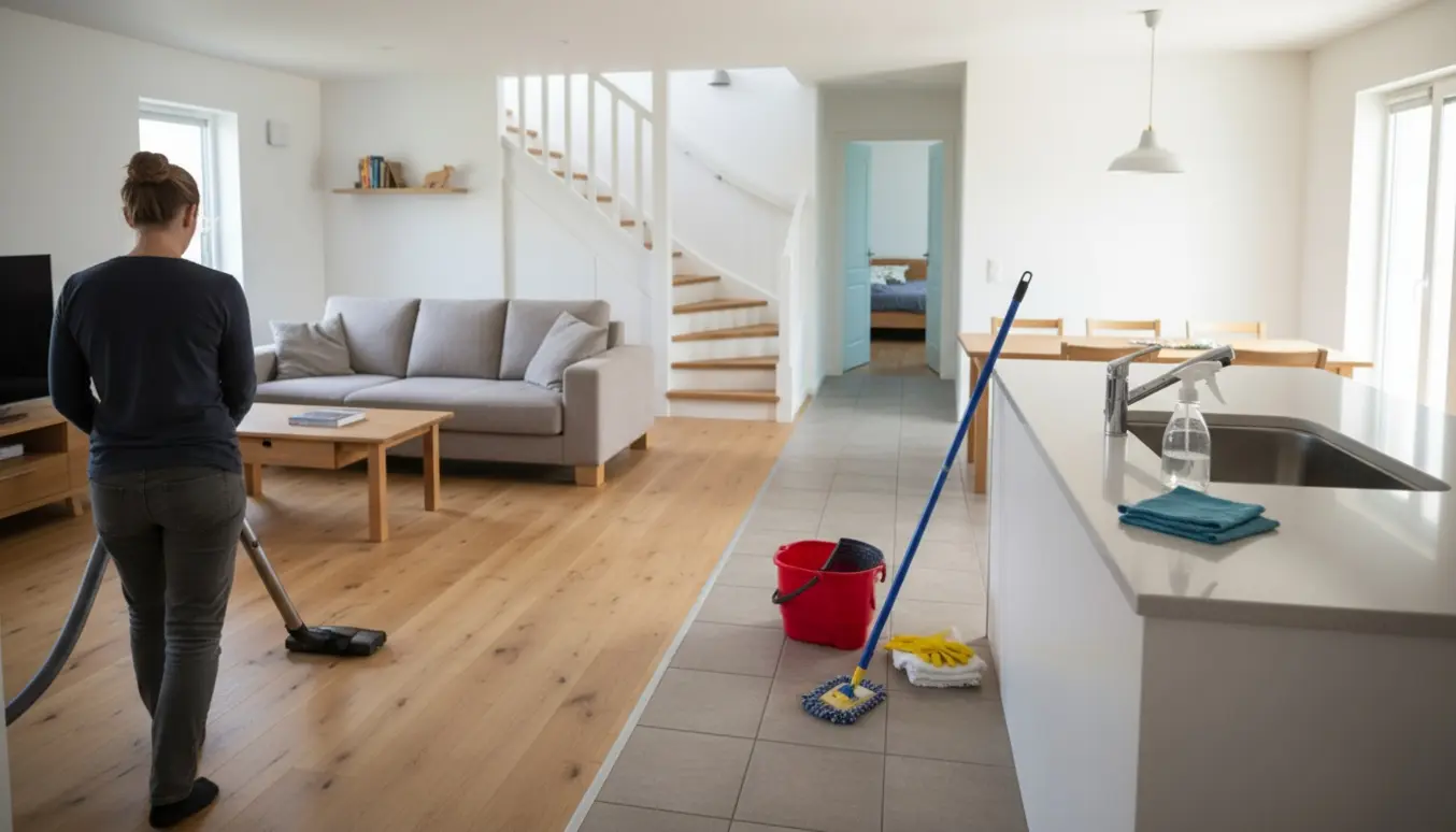 En bagfra set rengøringshjælper støvsuger en lys, ryddet stue med moppe, spand og rengøringsmidler synlige.