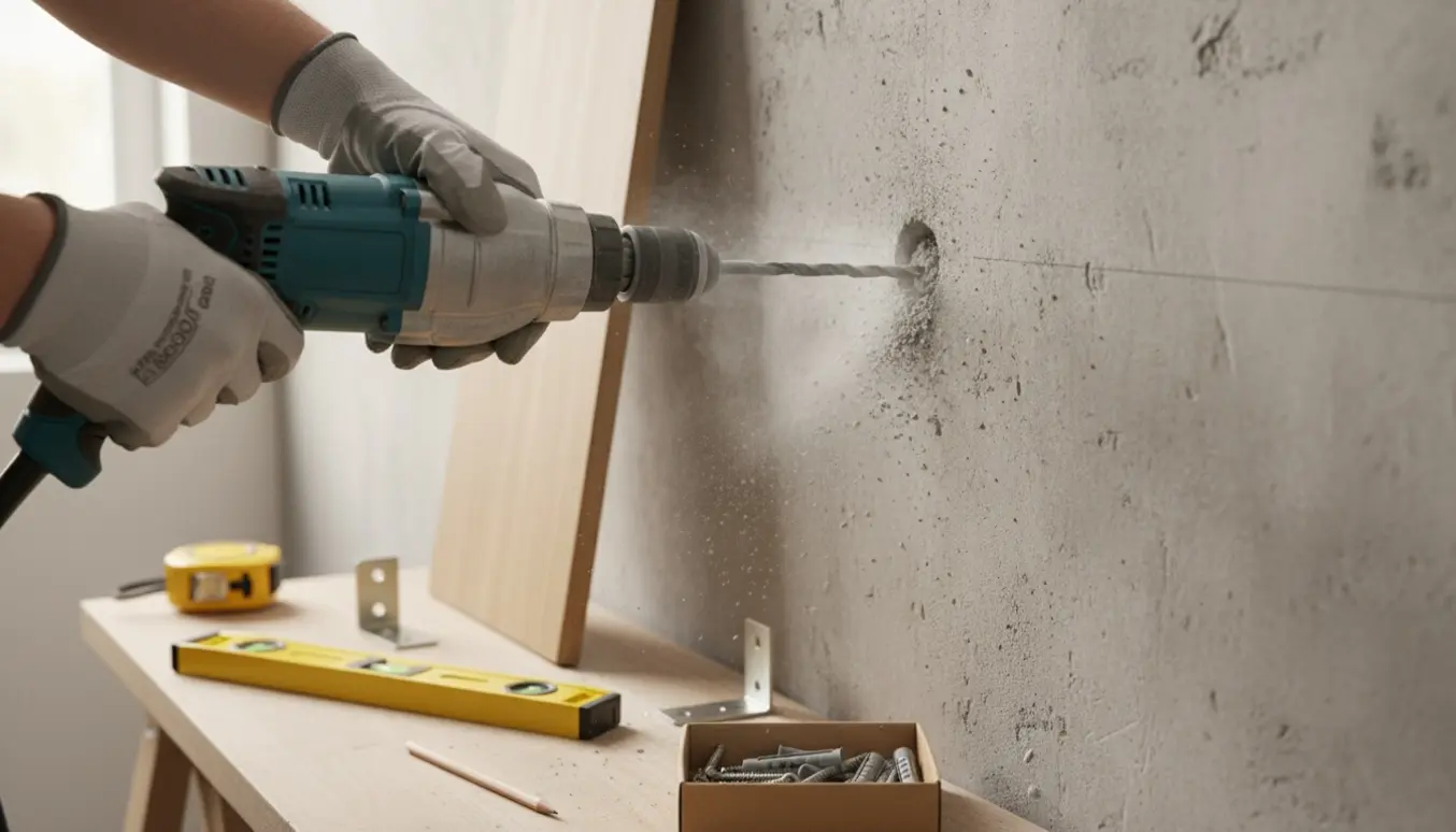 Hænder borer to huller i en betonvæg for at montere en hylde, med værktøj og beslag på bordet.
