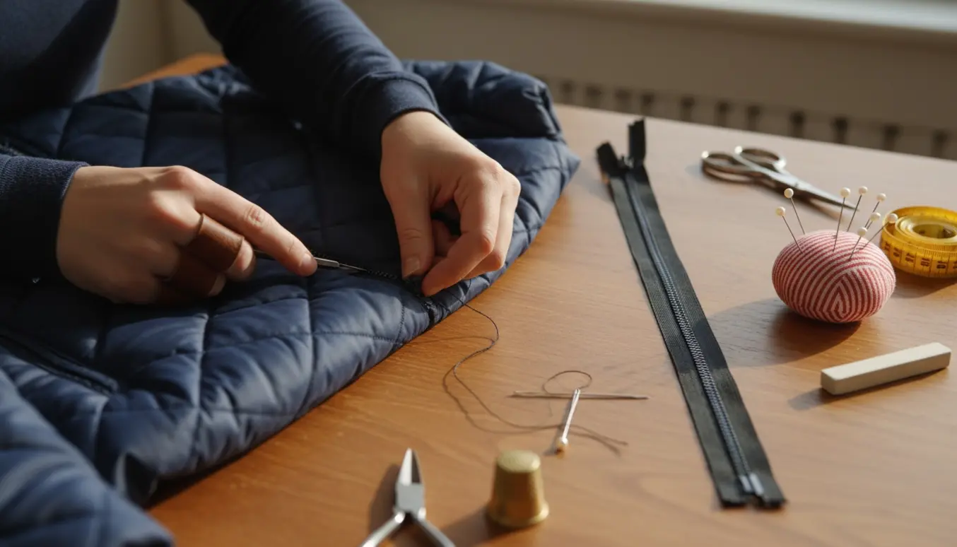 Nærbillede af hænder, der udskifter lynlåsen på en vatteret ridejakke på et sybord.