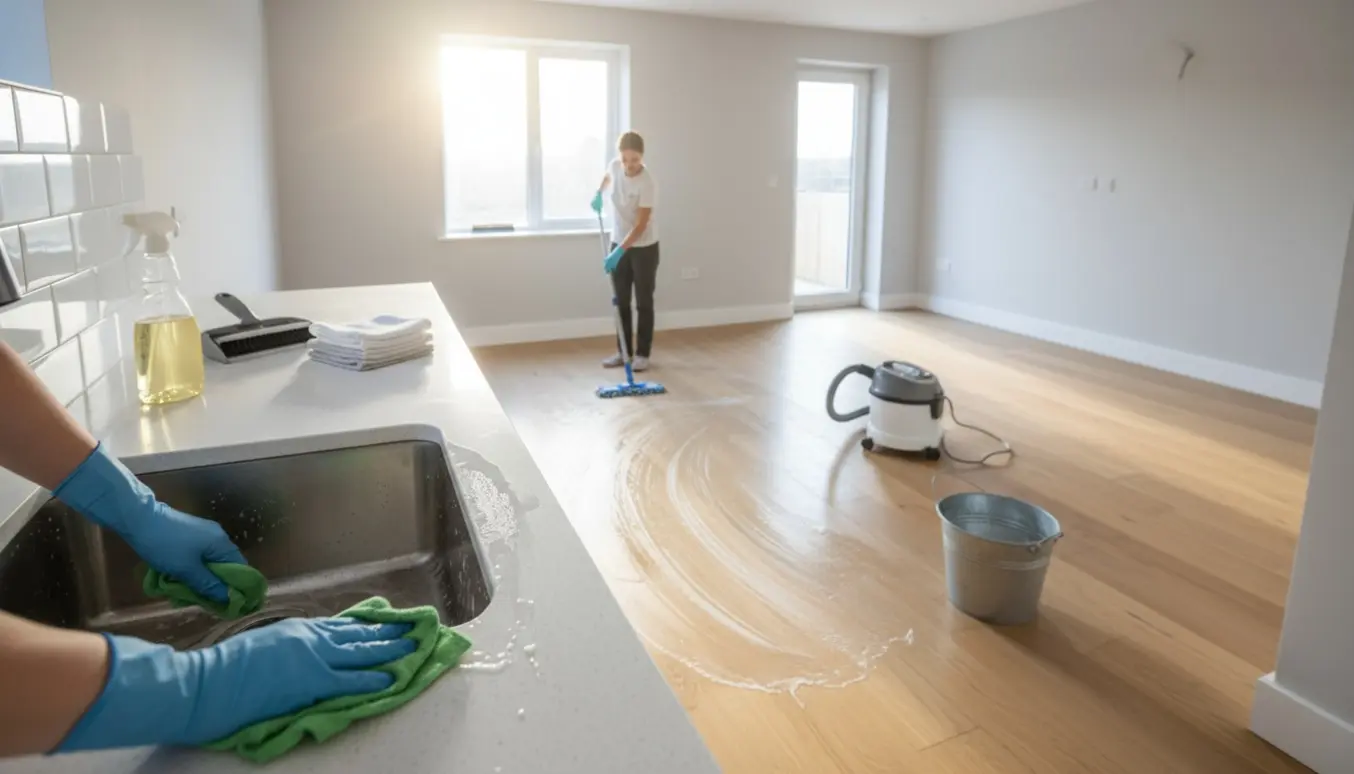 Solbelyst tom rækkehus under slutrengøring med moppe, støvsuger og rengøringsudstyr.