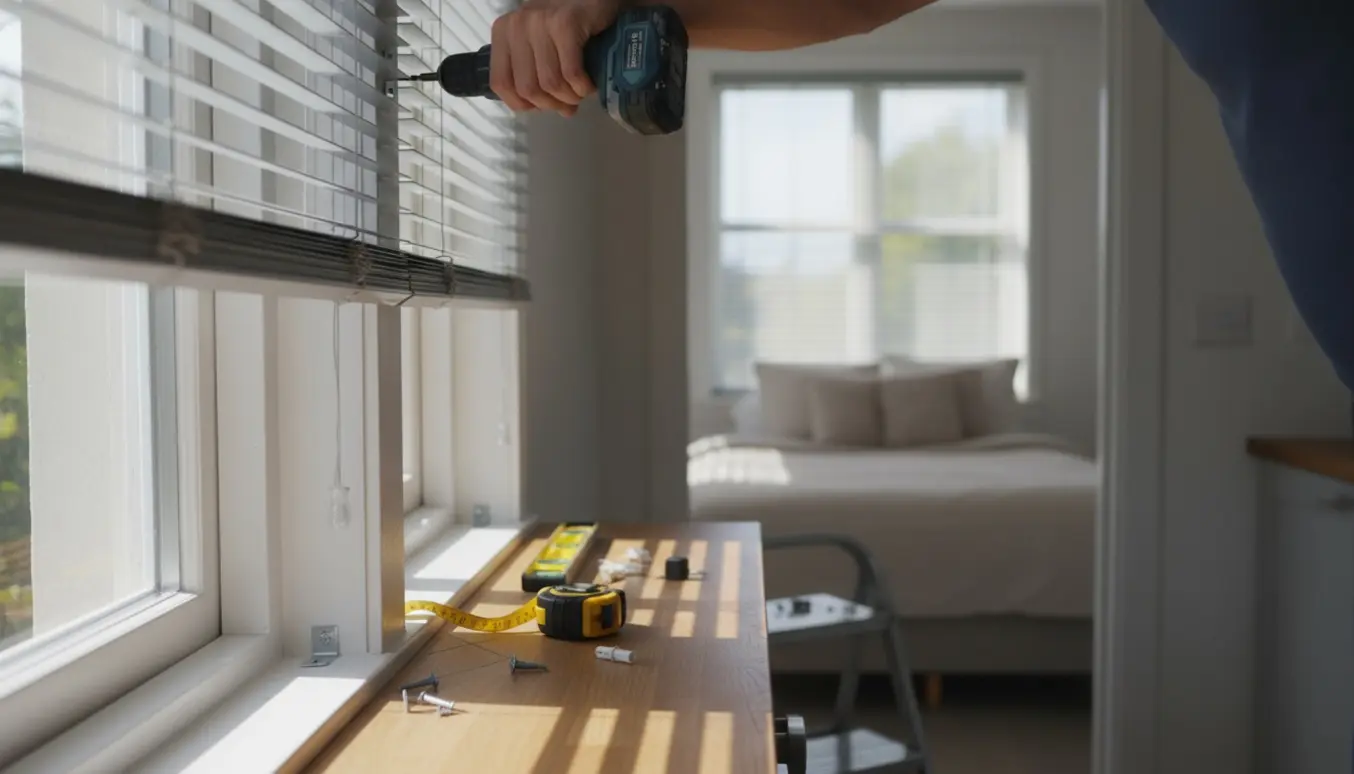 Hænder monterer persienner i et lyst køkken med soveværelse i baggrunden.