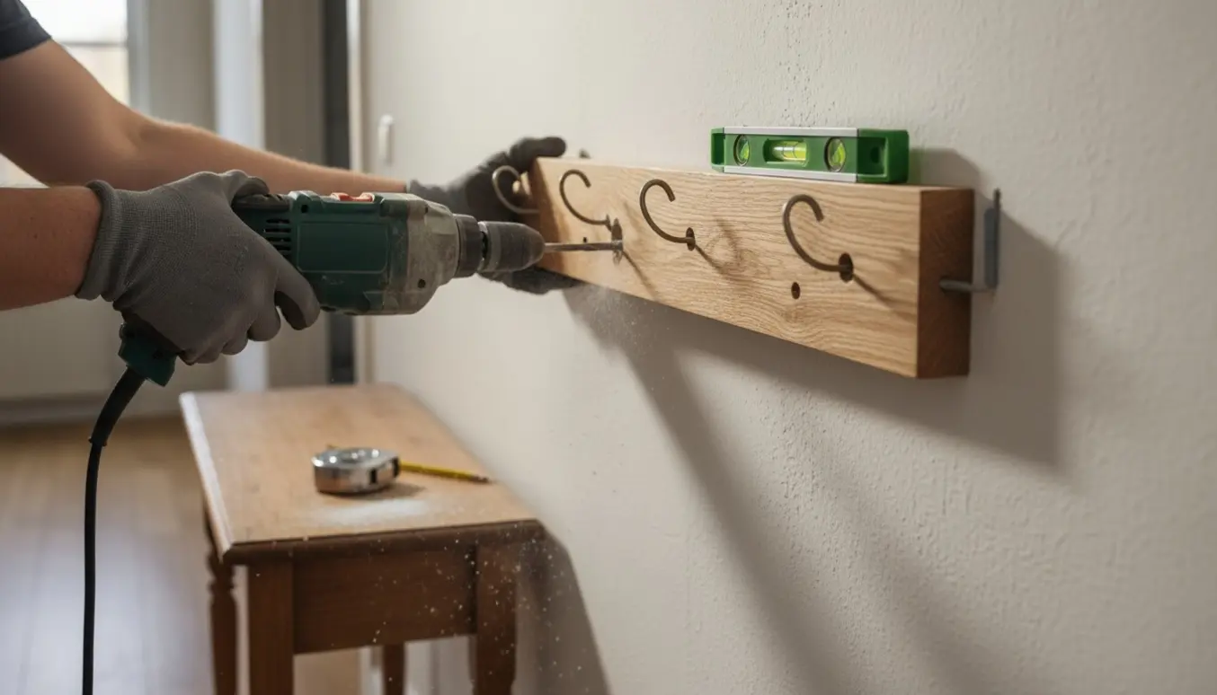 Nærbillede af hænder, der monterer en træknagerække i en entré med slagboremaskine og skruer.