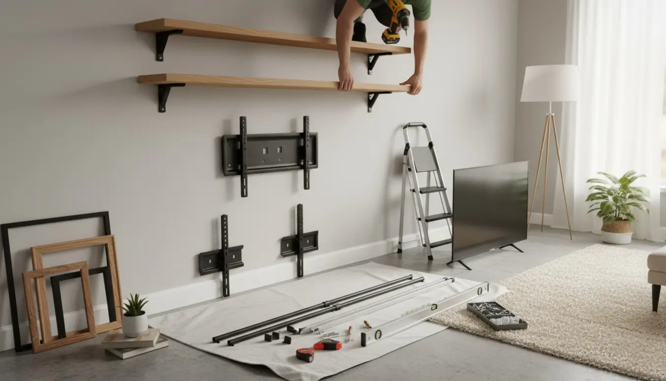 Lys stue under montering af gardinstænger, hylder og tv-ophæng med værktøj og billeder klar.