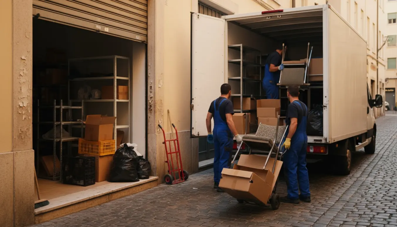 Arbejder læsser skrald og inventar ud af en lukket butik på Gravensgade.