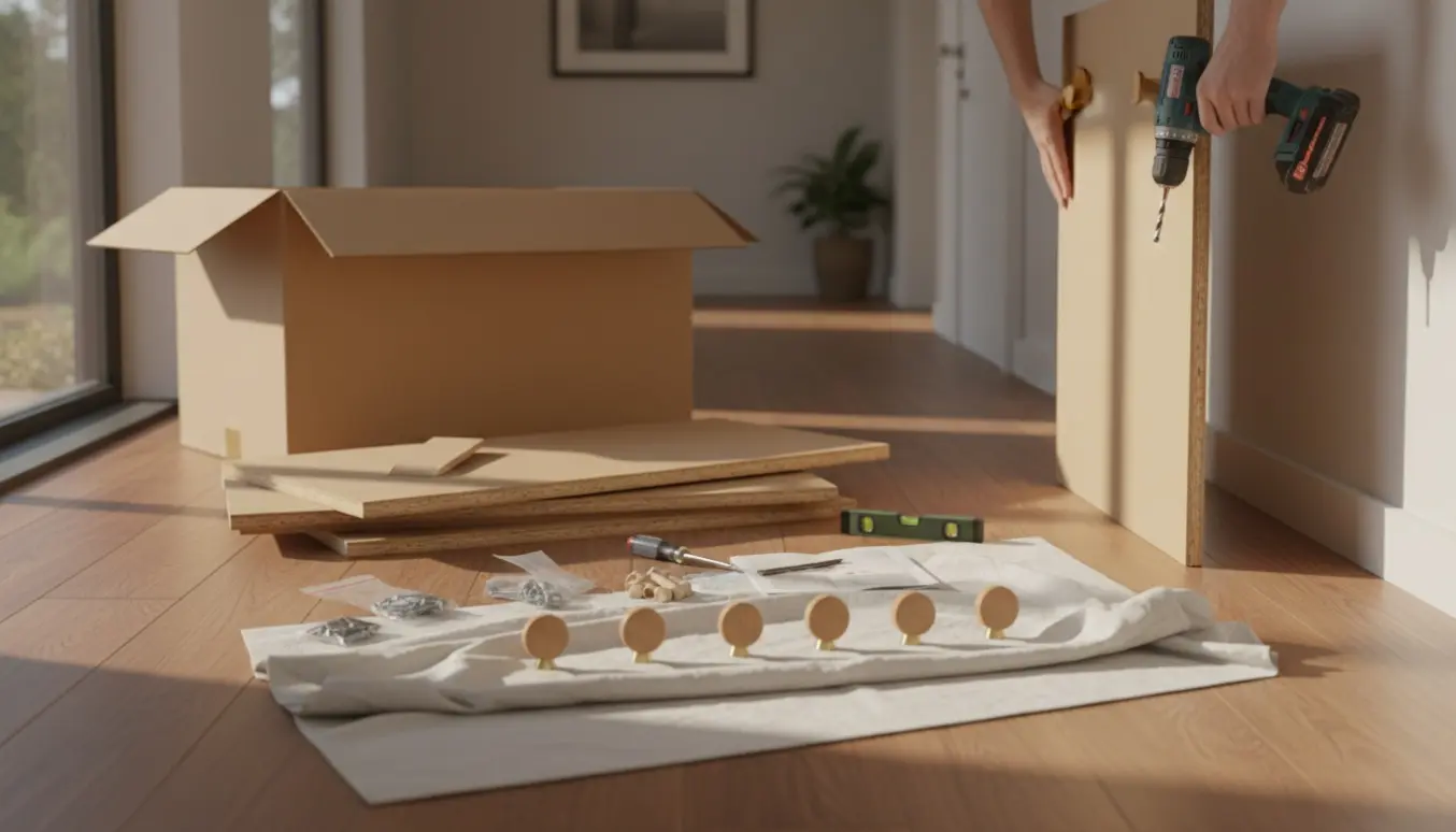 Udpakning og montage af nyt skoskab med boremaskine og fem knageknopper klar til opmontering.