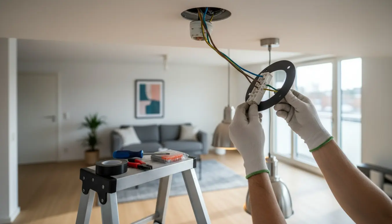 Hænder på en stige forbinder ledninger og monterer en loftlampe i et lyst rum.