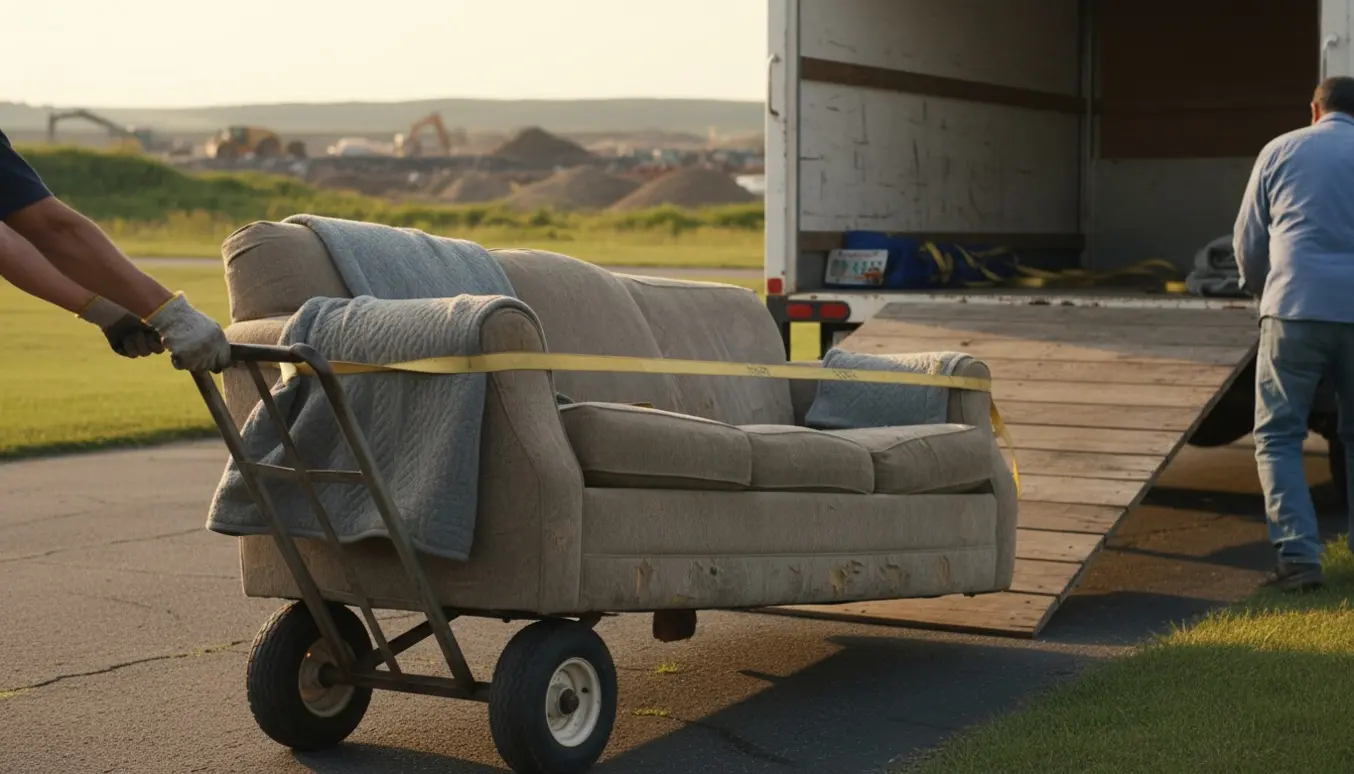 En slidt sofa lastes på en varebil med dolly og stropper klar til kørsel til lossepladsen.