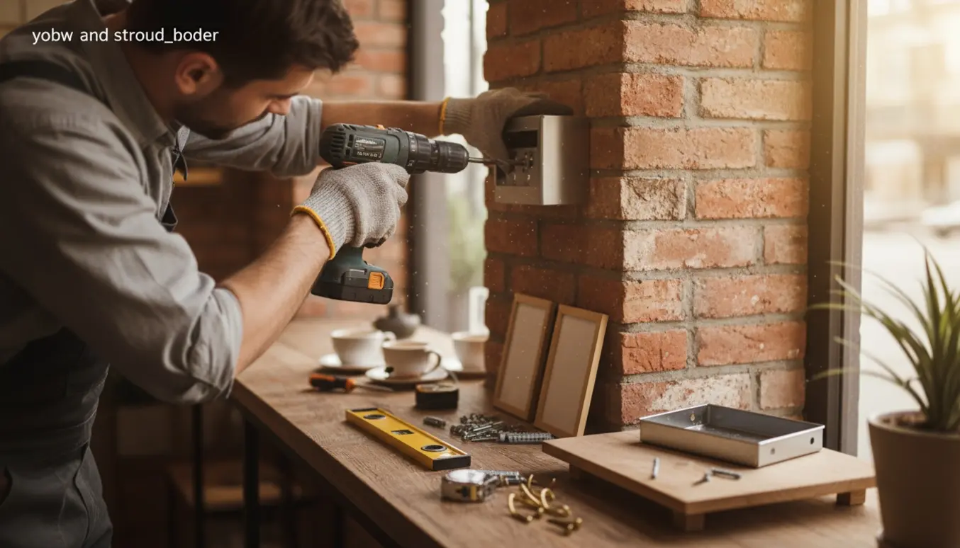 Håndværker monterer kroge, billedrammer, metalplade, nøgleboks og et lille træplade på en cafévæg.