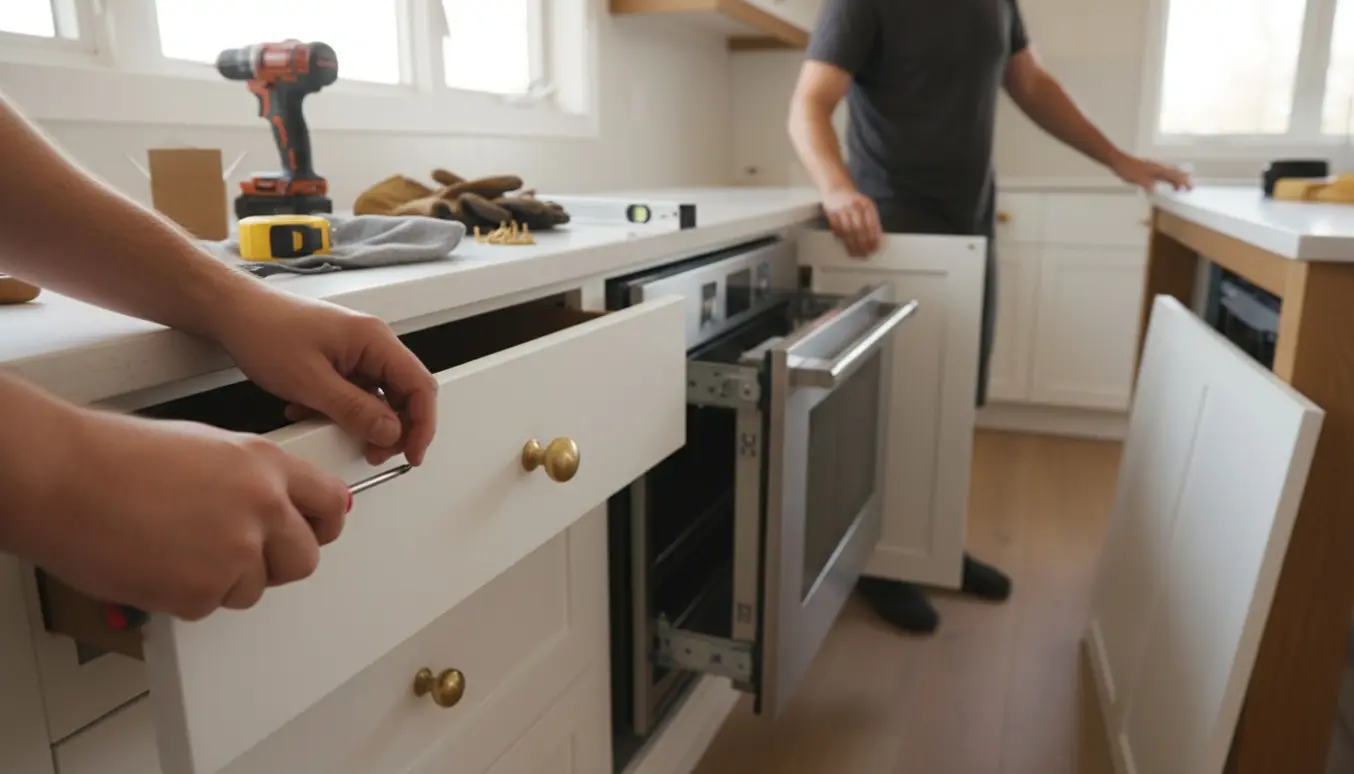 Hånd nærbillede af montering af køkkenskuffeknop med ovn og opvaskemaskine og værktøj i baggrunden.