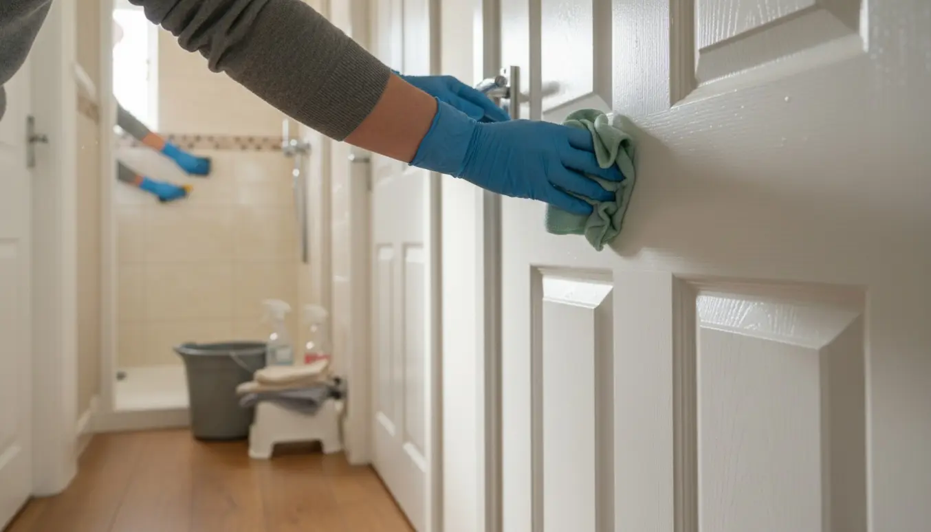 Nærbillede af handskerede hænder, der pudser en hvid dør i en rækkehusgang mens bagved afkalkes fliser og et kromarmatur i badeværelset.
