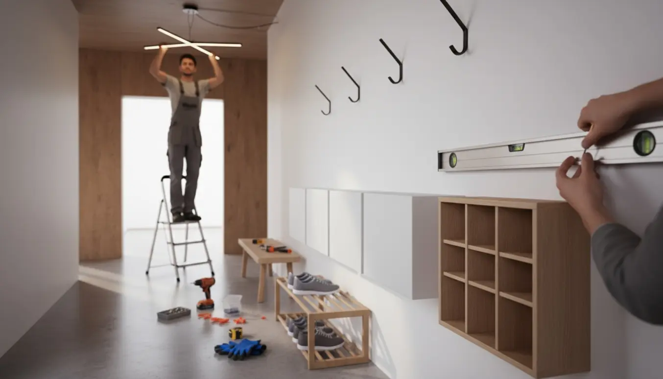 Lyst entrébillede med hængende lampe, monterede knagerækker, vægmonterede skobokse og værktøj til ophængning.