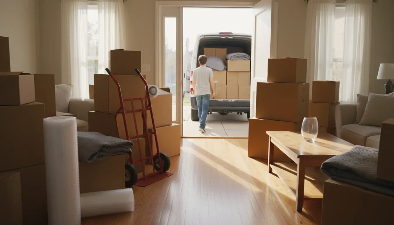 Åben flyttebil ved et hus med umarkerede flyttekasser og møbler klar til at blive læsset.