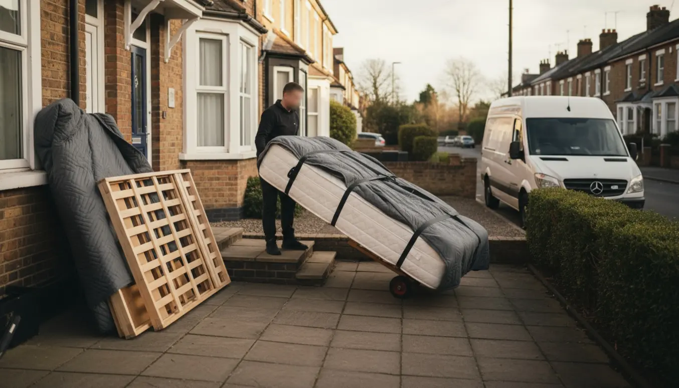 En dobbeltseng er sat i forhaven foran et rækkehus, klar til afhentning.