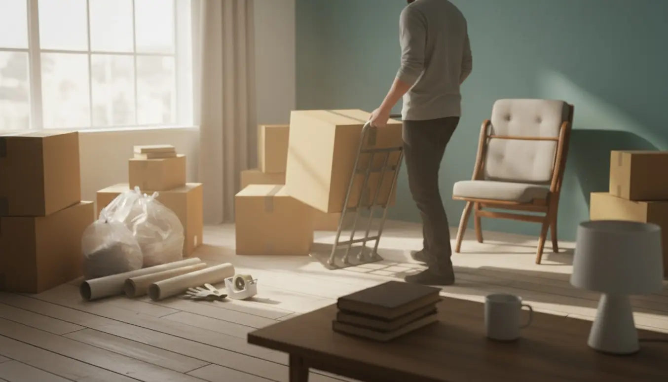 Person set bagfra læsser flyttekasser i en solbeskinnet stue uden synligt ansigt.