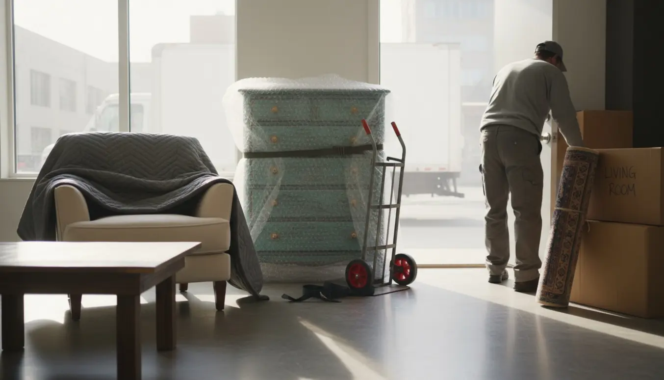 Stol, sofabord og kommode pakket og klar ved lejlighedens dør til afhentning.