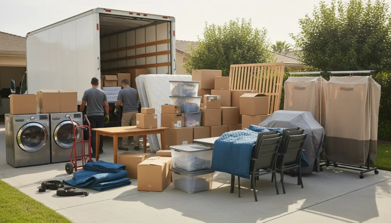 Indkørsel med flyttelæs: to senge, omkring tredive kasser, vaskemaskine, tørretumbler, havebord og stole klar til flytning.