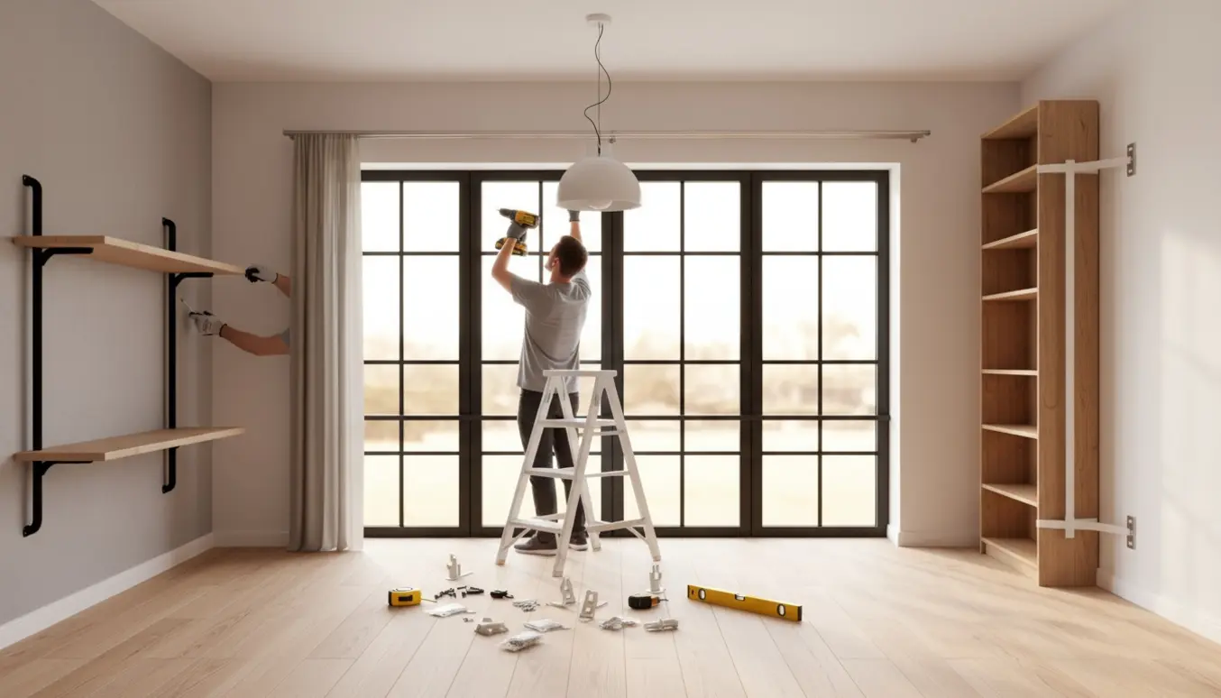 Lyse stue under montering med hylder, gardinskinne, lampe og værktøj, ingen ansigter synlige.