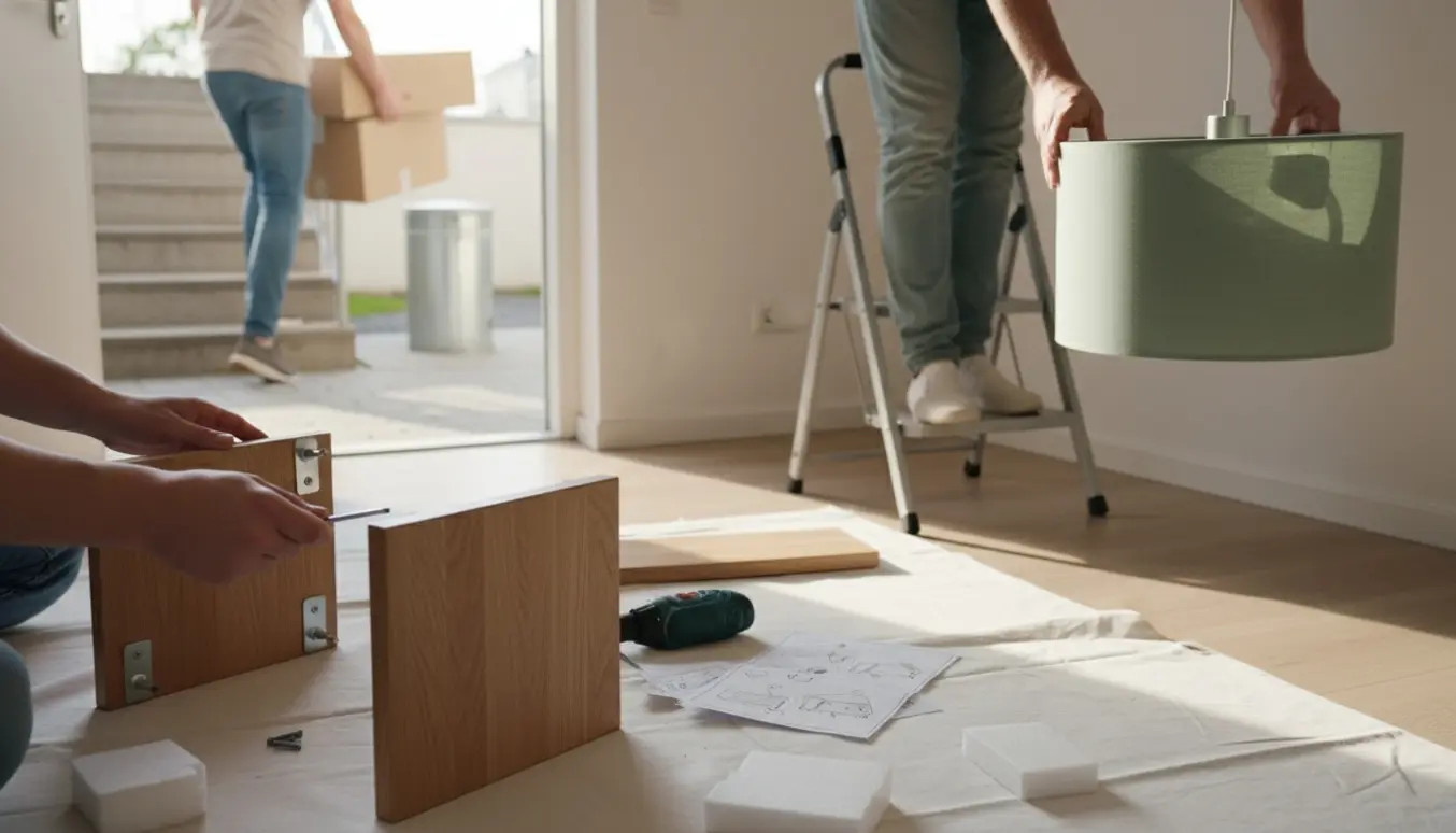 Hænder samler et lille entremøbel og monterer en lampeskærm, mens papkasser bæres ned til en container i gården.