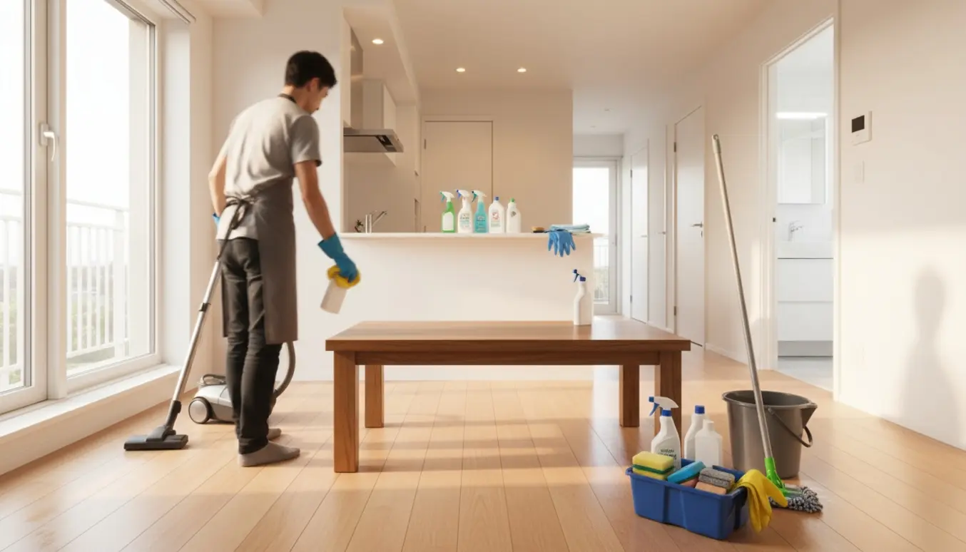 En rengøringsperson pudser et sofabord i en lys lejlighed med støvsuger, moppe og rengøringsmidler synlige.