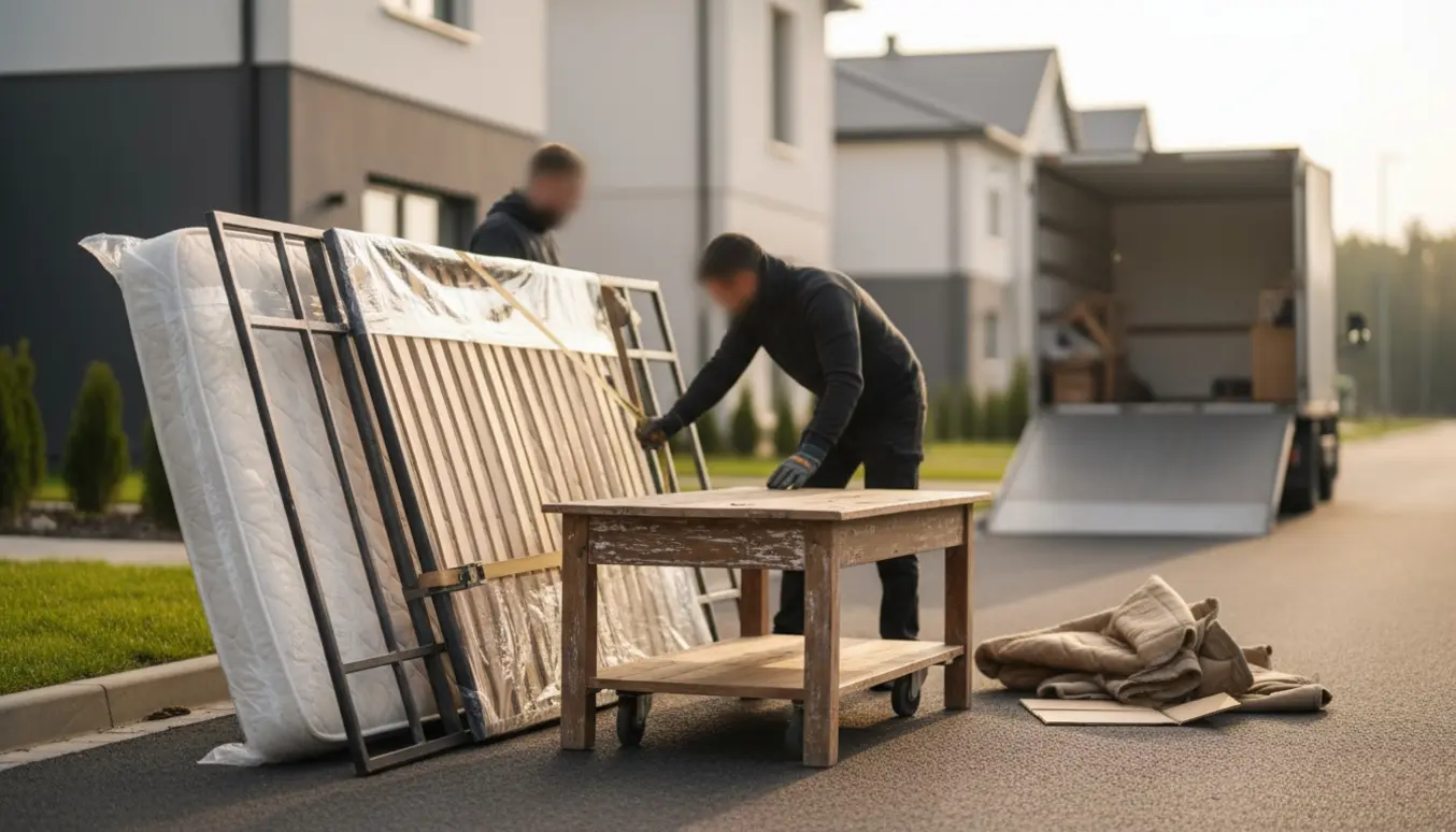 En 140 cm madras og et slidt sofabord på en håndvogn ved en åben flyttebil klar til bortskaffelse.