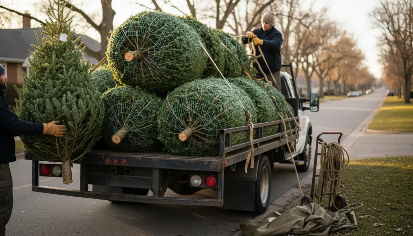 En varevognslad fyldt med stablede juletræer i eftermiddagssol, hænder sikrer læsset med stropper.