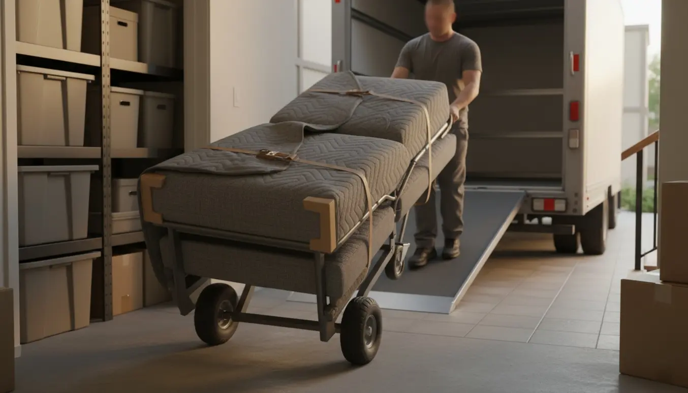 Flyttefolk læsser en sammenklappet sovesofa ind i en flyttebil fra et depotrum.