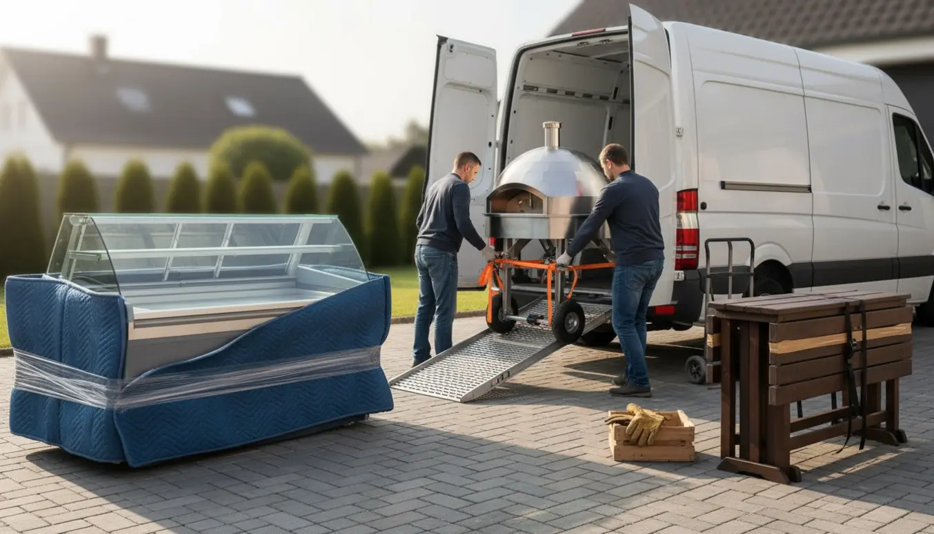 Åben varebil på indkørsel med pizzaovn på dolly, et kølebord og to bordbænke pakket til flytning i blødt morgenlys.