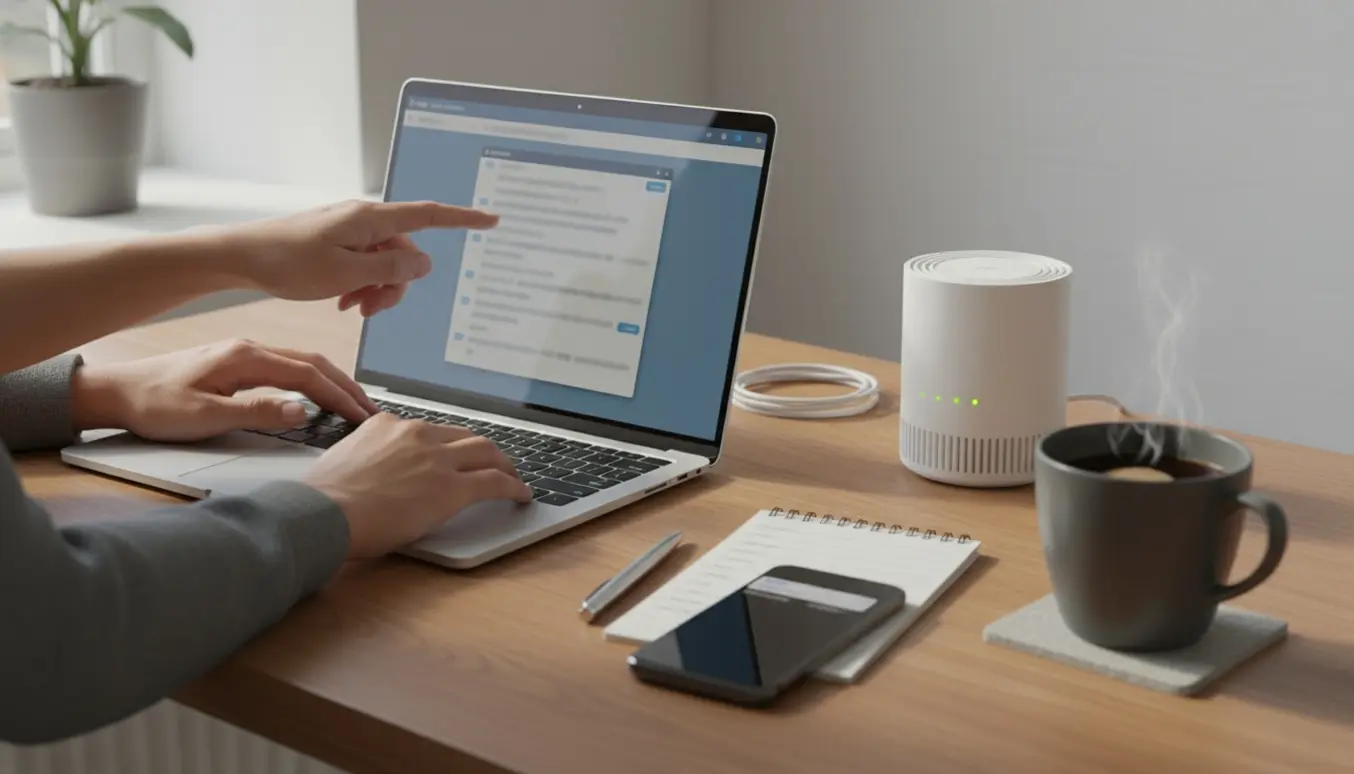 Hænder ved en bærbar computer og en wifi-router på et lyst bord, der illustrerer hjælp til e-mail og internetopsætning.