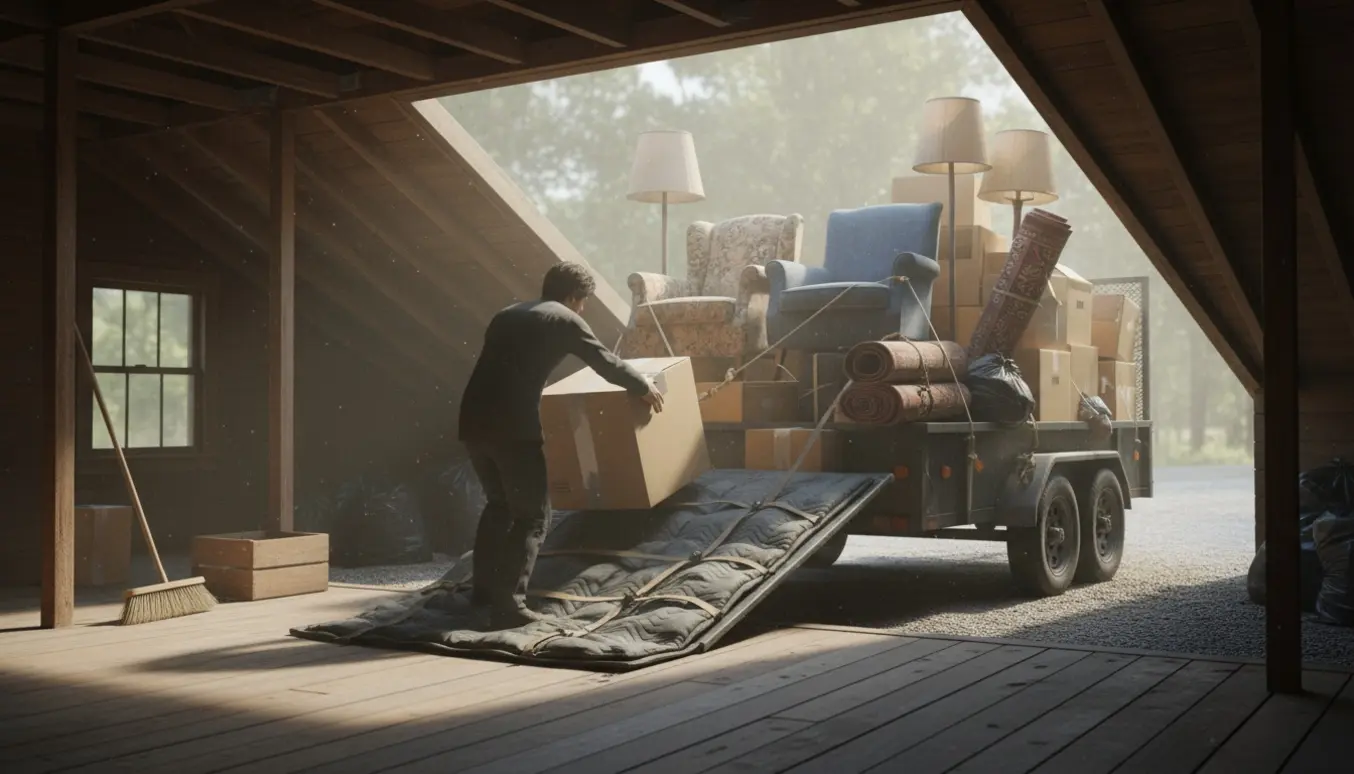 Åbent loft med møbler og kasser på vej ud til en fyldt trailer, en person med ryggen til skubber en kasse.