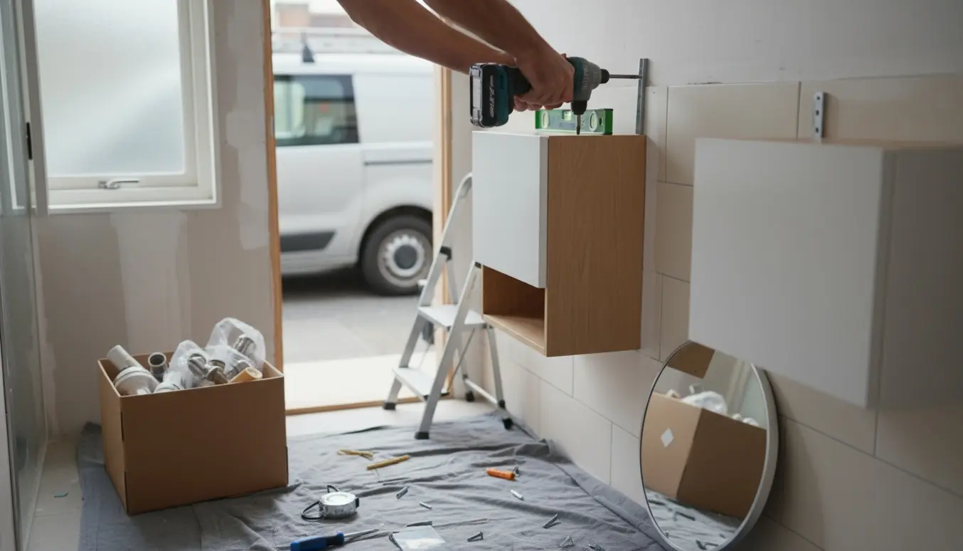 Hænder med en boremaskine monterer små vægskabe og et wc-spejl i et solbelyst badeværelse med værktøj og affaldscontainer i baggrunden.