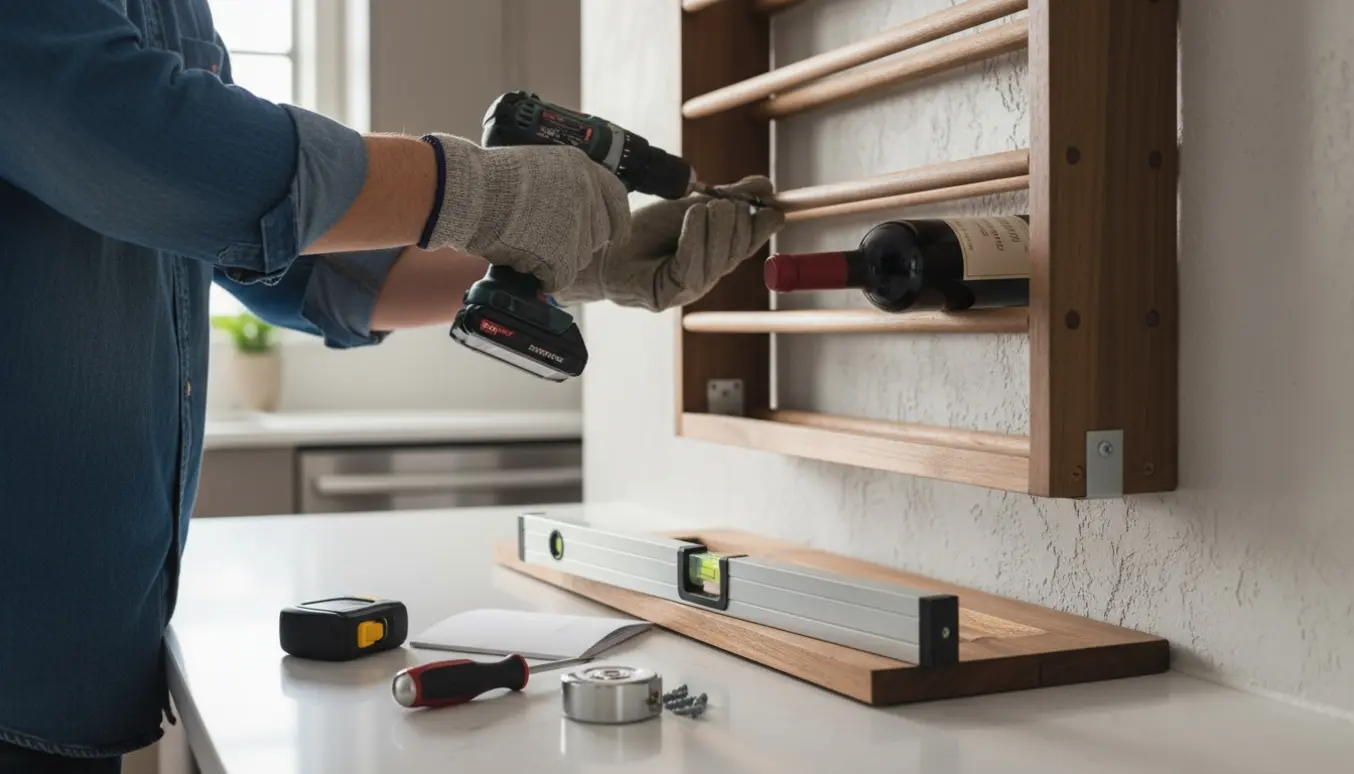 Hænder bruger en boremaskine til at montere en trævinreol på en væg i et lyst køkken.
