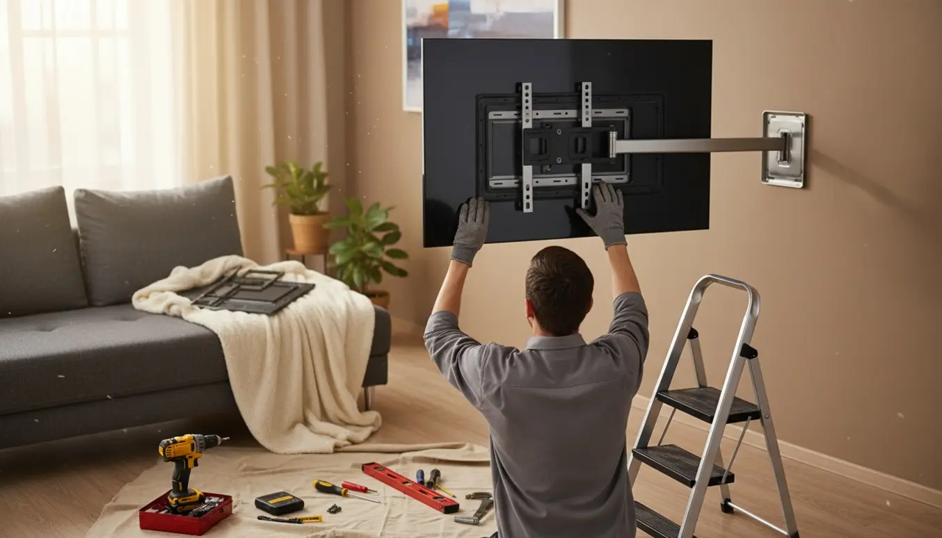 En person monterer et fladt tv på væggen med nyt vægbeslag og værktøj.