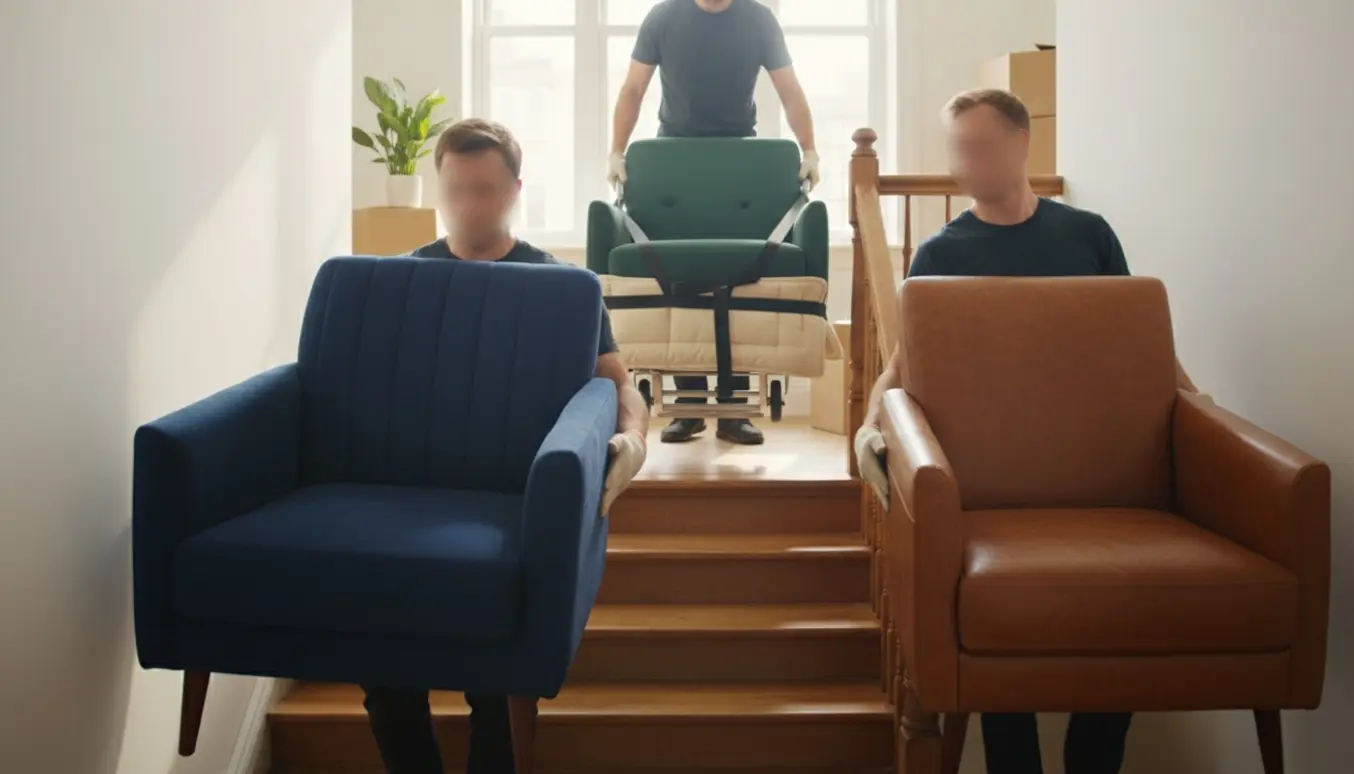 To flyttefolk bærer to lænestole ned ad en lys lejlighedstrappe med fokus på møblerne.