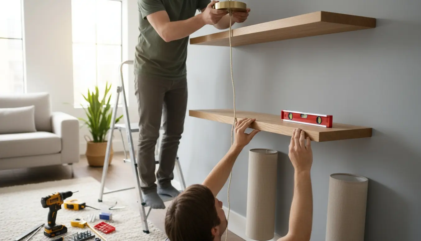 Hænder monterer to pendellamper og tre træhylder på en lysegrå væg med værktøj i nærheden.