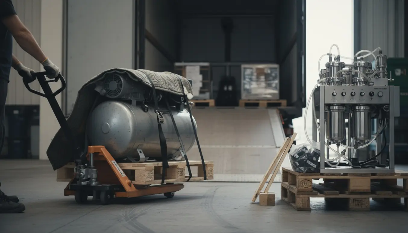 Lagerlæs med en defekt kompressor på pallet, et laboratorieanlæg, stakkede paller, lægter og en pose med tomme tonere.