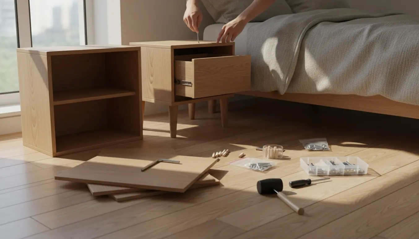 Hænder samler to natborde i et lyst soveværelse med værktøj og dele spredt omkring.