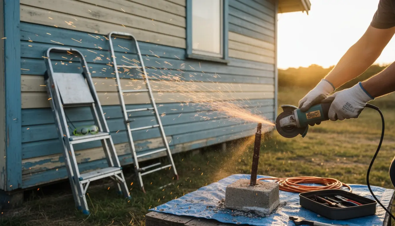 Nærbillede af en vinkelsliber, der skærer en antenne af ved bunden på et træsommerhus.