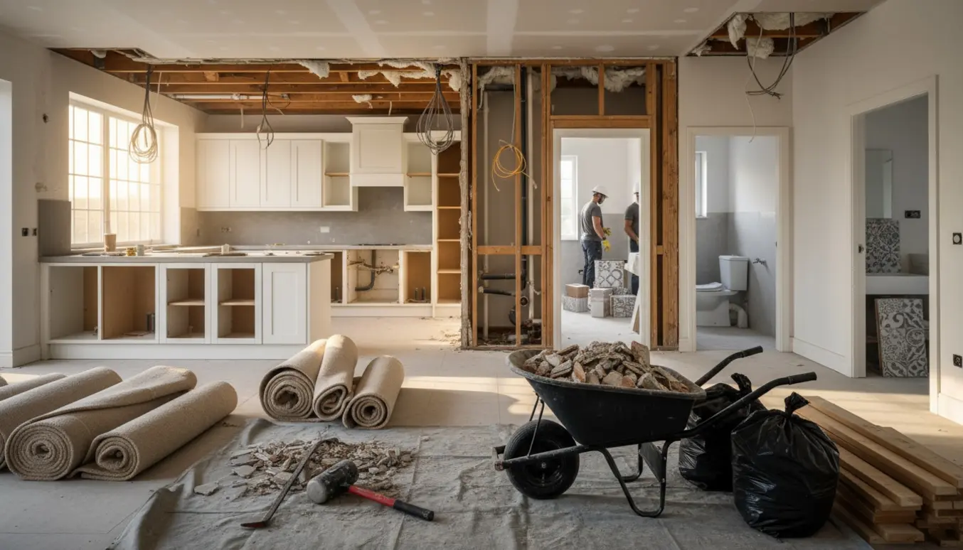 Interiør i et hus under nedrivning med værktøj, rullede gulvtæpper og opstablet byggeaffald klar til bortskaffelse.