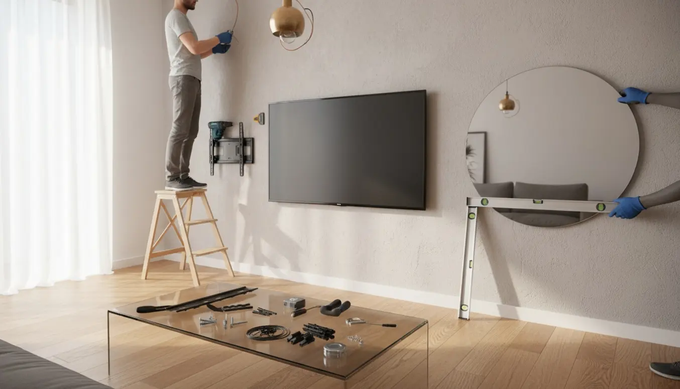 Hænger et vægmonteret fjernsyn, et rundt spejl og en loftslampe op i en lys stue.