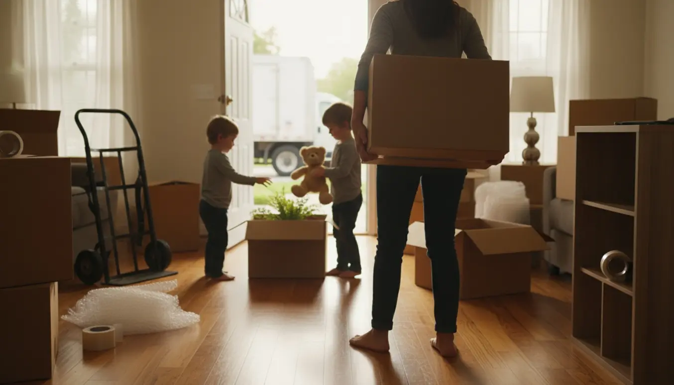 Mor og to børn pakker flyttekasser i en sollys stue med en flyttevogn udenfor.