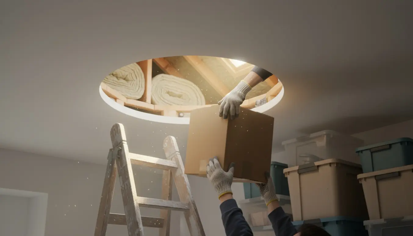 Papkasser bliver løftet op gennem et åbent loftsrum ved hjælp af en stige.