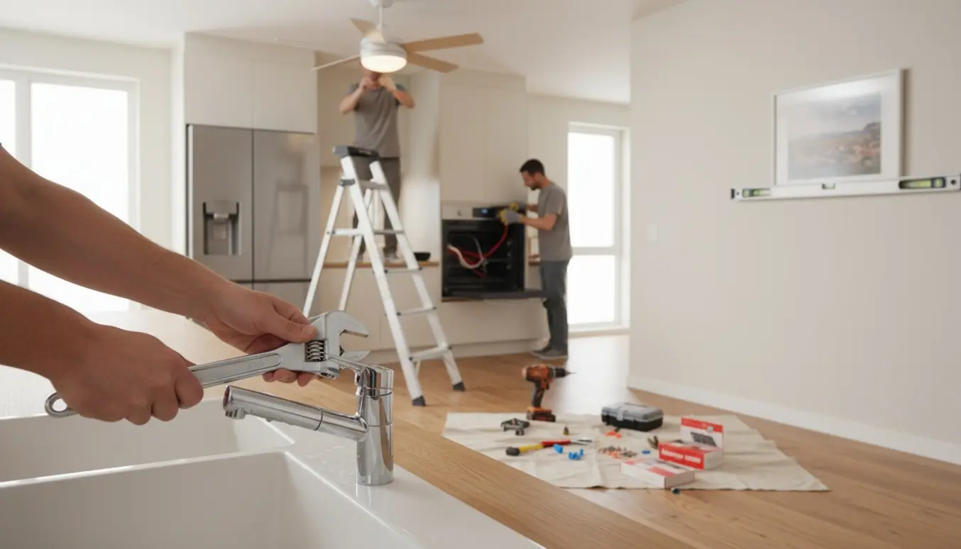 Hænder monterer en loftsventilator med lys, hænger billeder op og strammer blandingsbatterier i et lyst køkken-alrum.
