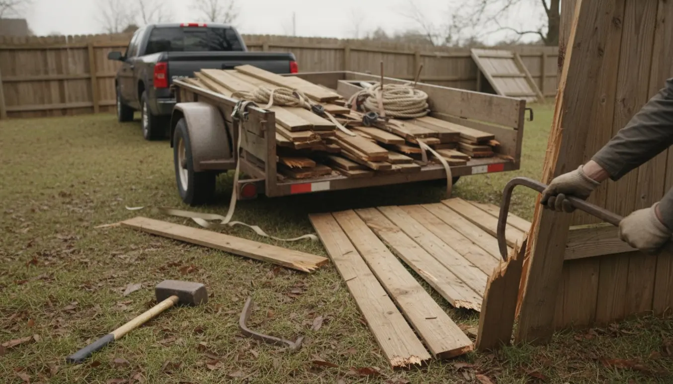 Trailer fyldt med væltede og splintrede hegnsfag, værktøj og arbejdshandsker klar til transport.