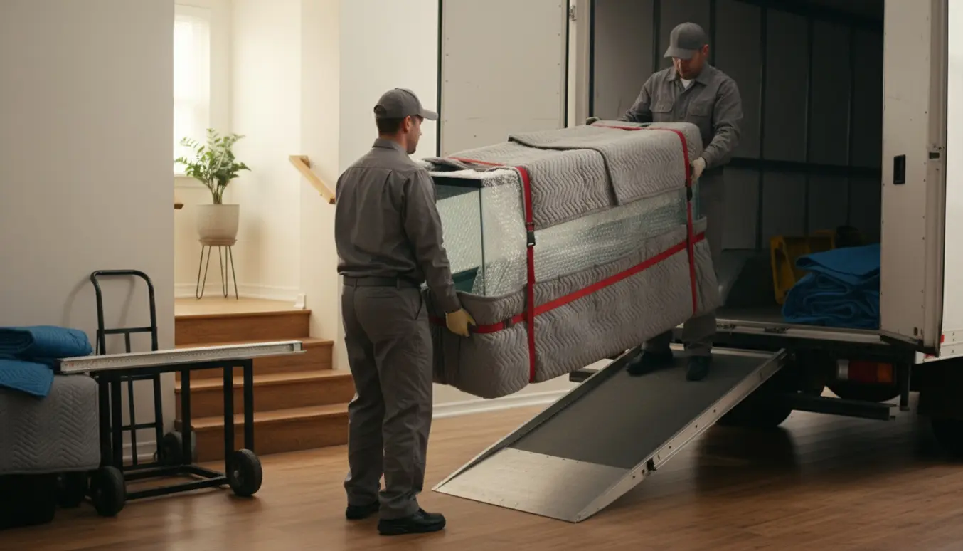 To personer bærer et stort tomt akvarium fra en førstesals lejlighed og læsser det i en kassevogn.