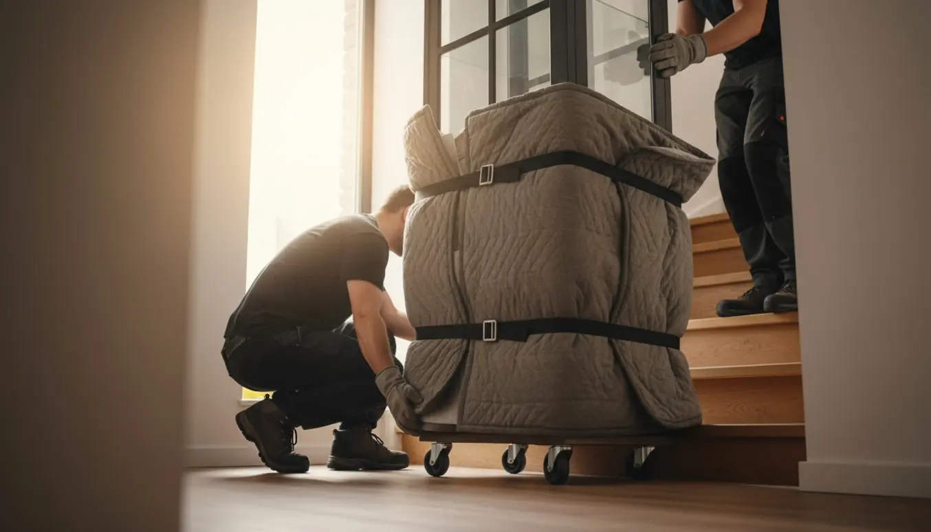 Et stort vitrineskab bæres op ad en kort trappe i et rækkehus, pakket i flyttetæpper og sikret med remme.