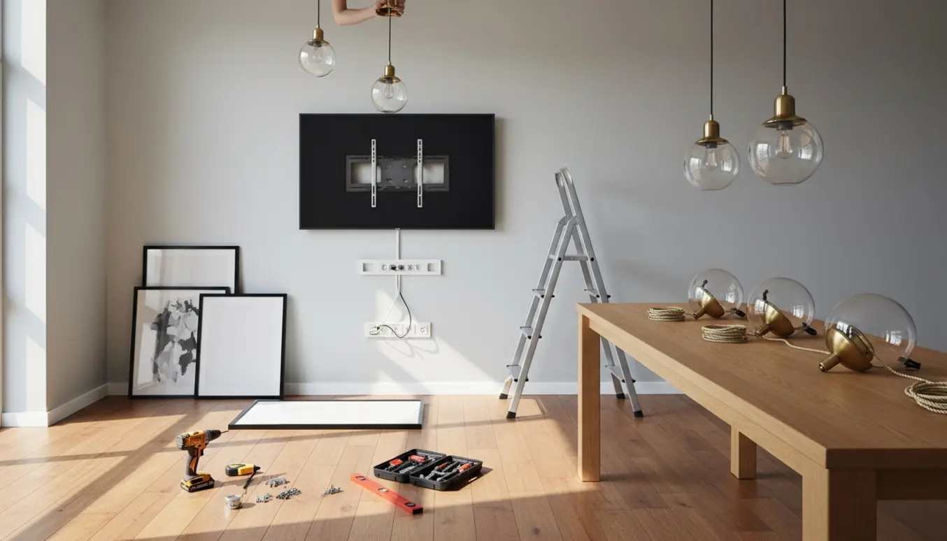 Stue under montage med fladskærm på væg, lamper og malerier klar til ophæng.