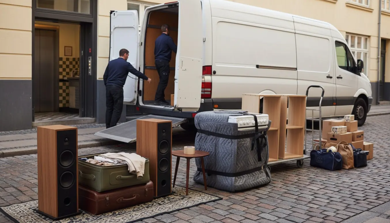 Flyttevogn læsses med højtalere, kufferter, reoler og et indpakket komfur ved en københavnsk ejendom, ansigter er ikke synlige.