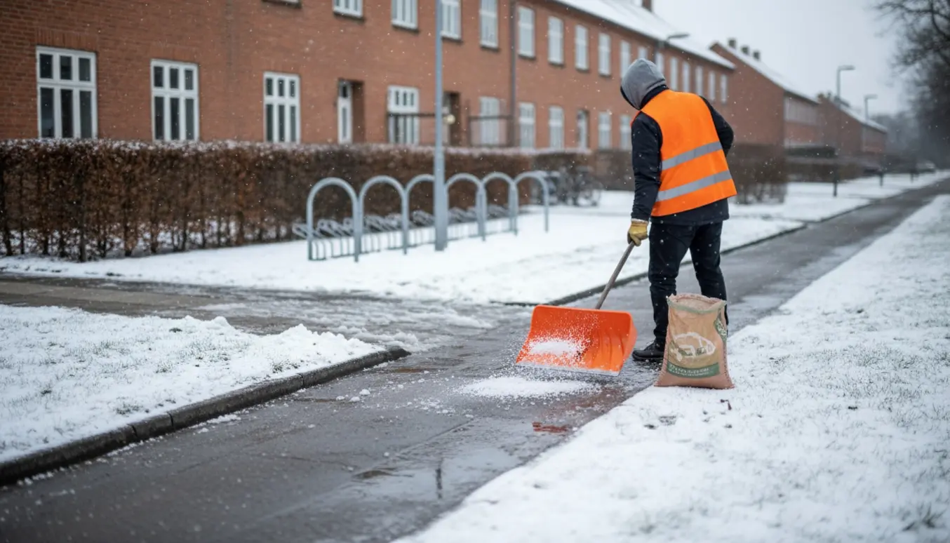 En person set bagfra rydder sne og strør salt på et fortov i et boligområde i Gistrup.